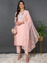 Women Pink Silk Blend Solid Embroidered Kurta Trouser With Dupatta